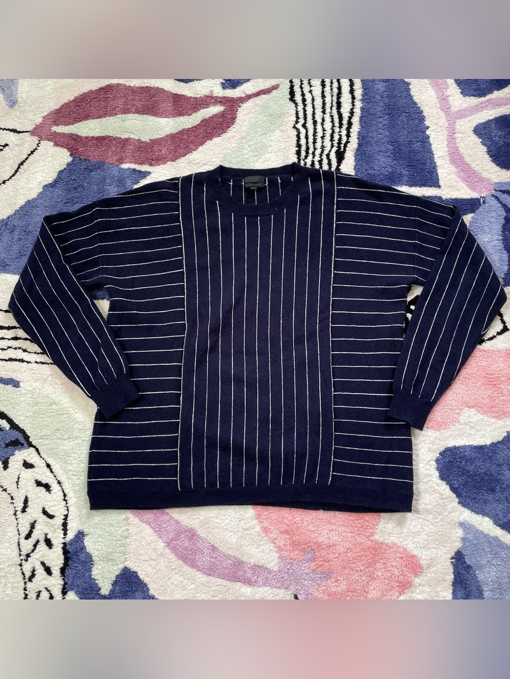 J Crew Collection 100% cashmere navy blue white striped sweater B2240 Large